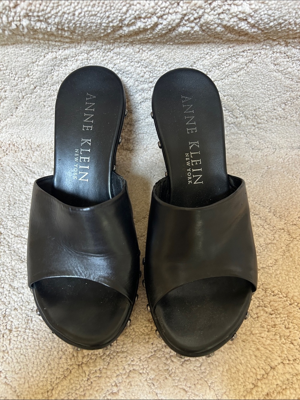 Anne Klein Black Leather Open-Toe Slide Mules 3 1/2 heel front 1 inch.